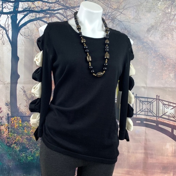 CeCe Black Cold Shoulder Bow Sleeve Sweater - Picture 1 of 10